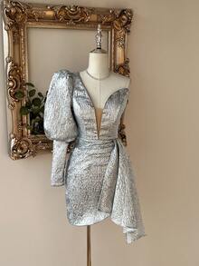 SHEIN Belle 优雅银色金属提花不对称灯笼袖深 V 领修身美人鱼连衣裙，适合约会、单身派对、婚礼、正式活动、婚礼宾客鸡尾酒会礼服 - 銀色 - 查看 6