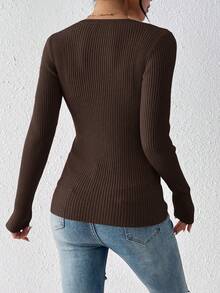 SHEIN Essnce Suéter con botones delanteros de media altura de punto acanalado, parte superior de manga larga para otoño/invierno - Café integral - Ver 2