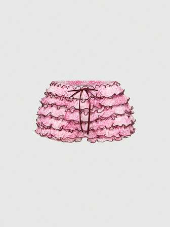 Kawaii Pantalones cortos de mujer con estampado de gacela de cintura baja, con volantes de malla en capas, estilo Y2K Abby Spice