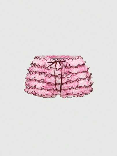 Kawaii Short taille basse pour femmes avec imprimé faon, volants en maille superposés, style Y2K Abby Spice