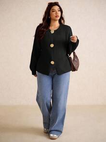 Elaquor Plus Size Minimalist Casual Solid Color Metal Button Decor Knit Cardigan, Autumn/Winter - Black - View 1