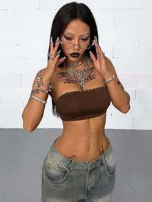 Coolane Conjunto de dos piezas de top tubo con remaches y camiseta de cuello de capucha, atuendo casual de festival de estilo Y2K para mujer, apto para otoño/todo el año