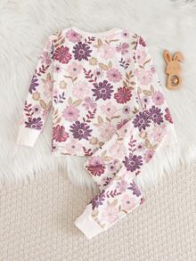 Cozy Pixies Young Boy Floral Print Soft Knit Snug Fit Pajama Set - Long Sleeve Top And Elastic Waist Pants - Mauve Purple - View 2