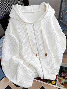 SHEIN PETITE CURVE 大码女式提花梭织卫衣，休闲风格，日常必备时尚单品，简约优雅 - 白色 - 查看 3