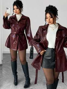 Elenzga 大码女式休闲通勤复古别致翻领单排扣多口袋系带中长款 PU 皮革摩托车夹克，秋冬 - 酒紅色 - 查看 8