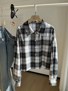 Comfortcana Plus Size Vintage Plaid Loose Fit Drop Shoulder Long Sleeve Short Casual Shirt, Autumn/Winter