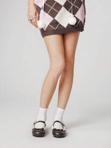 ROMWE Kawaii 女士棕色乐福鞋、包头玛丽珍鞋、蝴蝶结蕾丝洛丽塔芭蕾平底鞋 - 棕色 - 查看 2