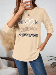 SHEIN LUNE 女士休闲爱心豹纹印花卡其色圆领长款加厚卫衣，适合秋冬季穿着