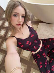 ZzzCrew Cherry Print Camisole & Pants Women Pajama Set - Black - View 1