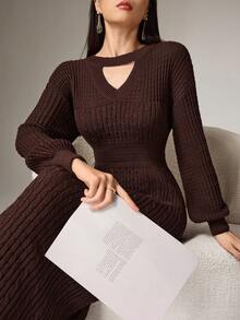 Heiryn Women's Fashionable Elegant V-Neck Drop Shoulder Long Sleeve Fitted Sweater Dress,Fall,Fall Clothes For Women - Coffee Brown - View 4