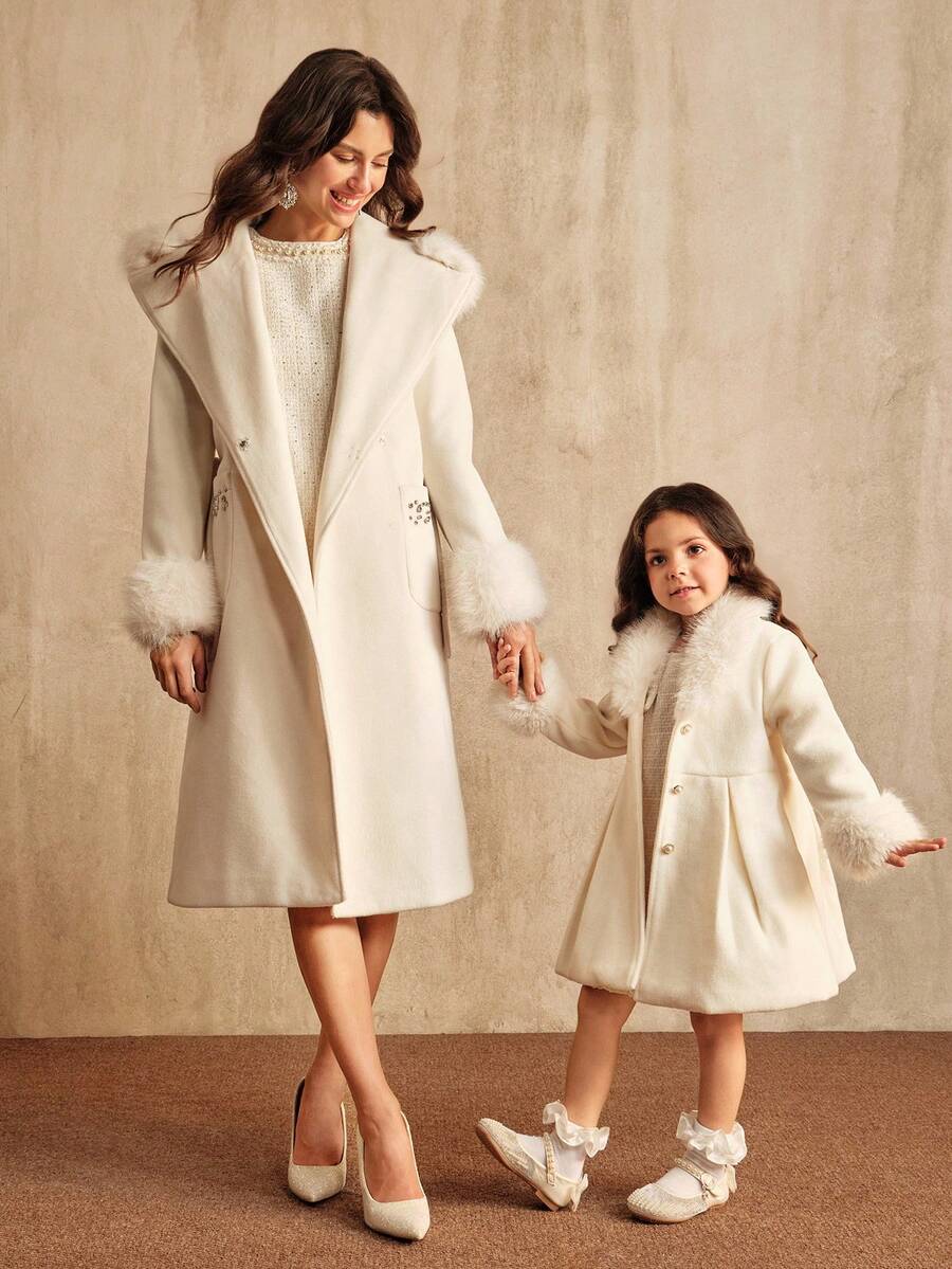 SHEIN 女童白色长款外套，珍珠纽扣 V 领，优雅秋冬外套，家庭装搭配 - 白色 - 查看 1