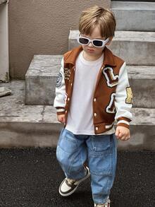 SHEIN 1pc Young Boy Streetwear Casual Jacket, With Stand Collar, White Sleeve Contrast Brown Body, Flocked Patch Decor, Rib Cuff & Hem,  Warm, Suitable For Daily Wear, Sports, School, Travel - Brown - View 5