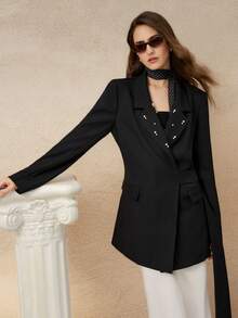 INAWLY Chaqueta blazer elegante de cintura ceñida con cuentas, estilo francés minimalista, para mujer, nueva para otoño - Negro - Ver 1