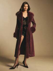 Poéselle Women's Elegant Vintage Patchwork Faux Fur Collar Tie Front Long Coat,Burgundy Coat, Winter Coats For Women,Christmas For Women, New Year's For Women, Party,Red Tops For Women,Suitable For Daily Wear, Going Out, Commuting Fall/Winter,Burgundy Coat - Burgundy - View 6