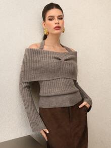 Modelyn Women's Autumn/Winter Fashionable Solid Color Foldover Halter Off Shoulder Fitted Sweater - Camel - View 4
