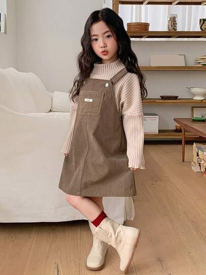 DAZY Young Girl Casual Everyday Commute School Style Letter Patchwork Pocket Corduroy Strap Dress, Autumn/Winter