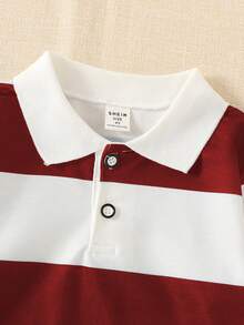 SHEIN Explorewe 年轻男孩条纹撞色领针织休闲宽松复古美式长袖 Polo 衫，适合上学和日常穿着