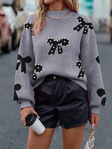 EMERY ROSE Women's Casual & Commute Faux Pearl Decor Bow Pattern Stand Collar Loose Lantern Sleeve Sweater, Autumn/Winter - Grey - View 5