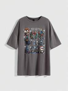 ROMWE Goth Dark Christmas Wreath, Candle, Skull Print Short Sleeve T-Shirt - Grey - View 1