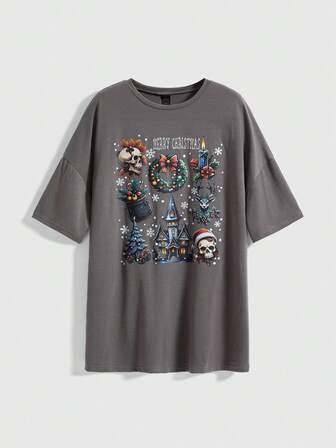 Goth Couronne de Noël sombre, bougie, t-shirt à manches courtes imprimé crâne