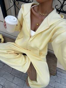 SHEIN EZwear Women's Cream Yellow Casual Loose Sweatsuit Set, Y2K Style, Autumn Outfit