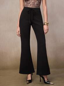 Modelyn Women's Low Waist Tie Flare Pants, Drapey & Slimming, Loose Casual Long Trousers, Spring/Autumn - Black - View 3