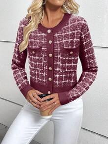 EMERY ROSE Elegant Plaid Front Button Round Neck Cardigan, Autumn/Winter, Christmas - Burgundy - View 4