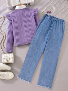 Sparklyn 2 件套 Tween 女童樱桃刺绣牛仔裤搭配假日撞色二合一上衣，适合秋冬、假日、夏季、旅行的休闲装