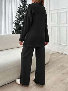 EURMUSE Women Beige Wide Leg And Top Two Pieces - Black - View 2