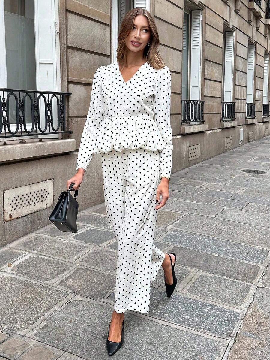 Chiquease 2件套女士波尔卡圆点套装，长袖套装，秋季 - 白色 - 查看 1