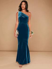 SHEIN Belle 女式优雅天鹅绒纯色不对称鱼尾下摆修身连衣裙 - 水鴨藍 - 查看 1