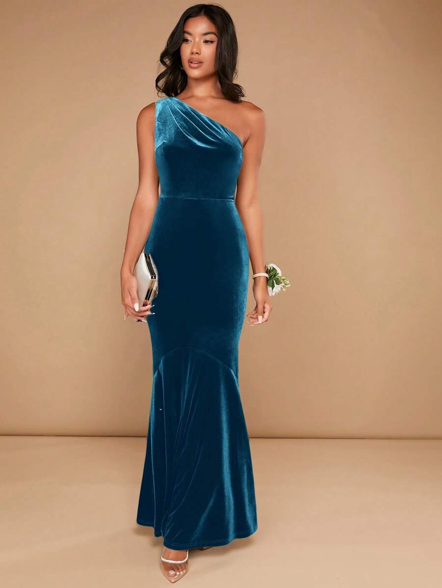 SHEIN Belle 女式优雅天鹅绒纯色不对称鱼尾下摆修身连衣裙 - 水鴨藍 - 查看 1