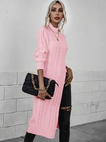EMERY ROSE Casual Solid Color Stand Collar High Slit Sweater, Autumn/Winter - Baby Pink - View 6