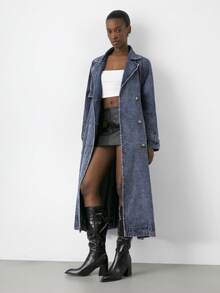 Maija Women's Retro Denim Trench Coat Autumn And Winter Temperament Long Coat French Elegant Belt Long Sleeve Denim Jacket Long Party Dresses - Medium Wash - View 9