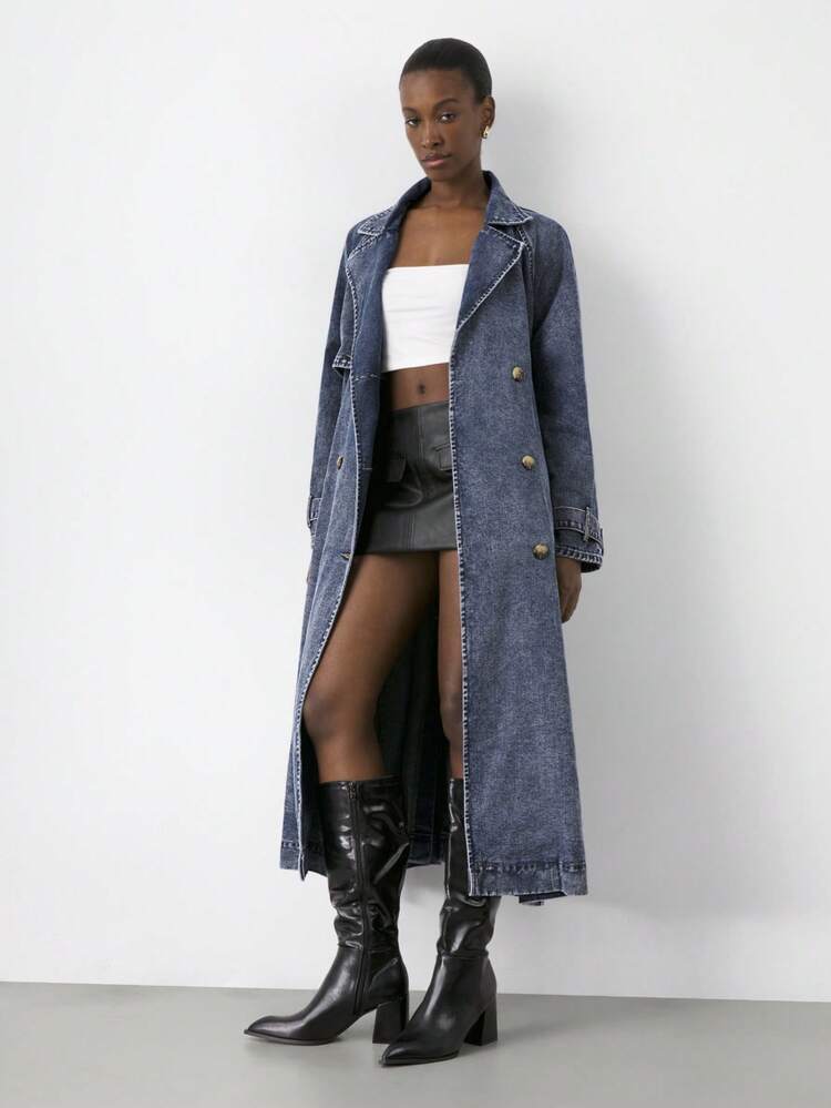 SHEIN Maija Women's Retro Denim Trench Coat Autumn And Winter Temperament Long Coat French Elegant Belt Long Sleeve Denim Jacket Long Party Dresses