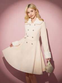 Fall Winter Vintage Teen Girl Apricot Overcoat With White Fur Collar, A-Line Silhouette, Casual & Elegant, Autumn/Winter Girls Winter Coat Faux Fur Coat Girls Beige Coat Teen Teen Coat Girls Coat