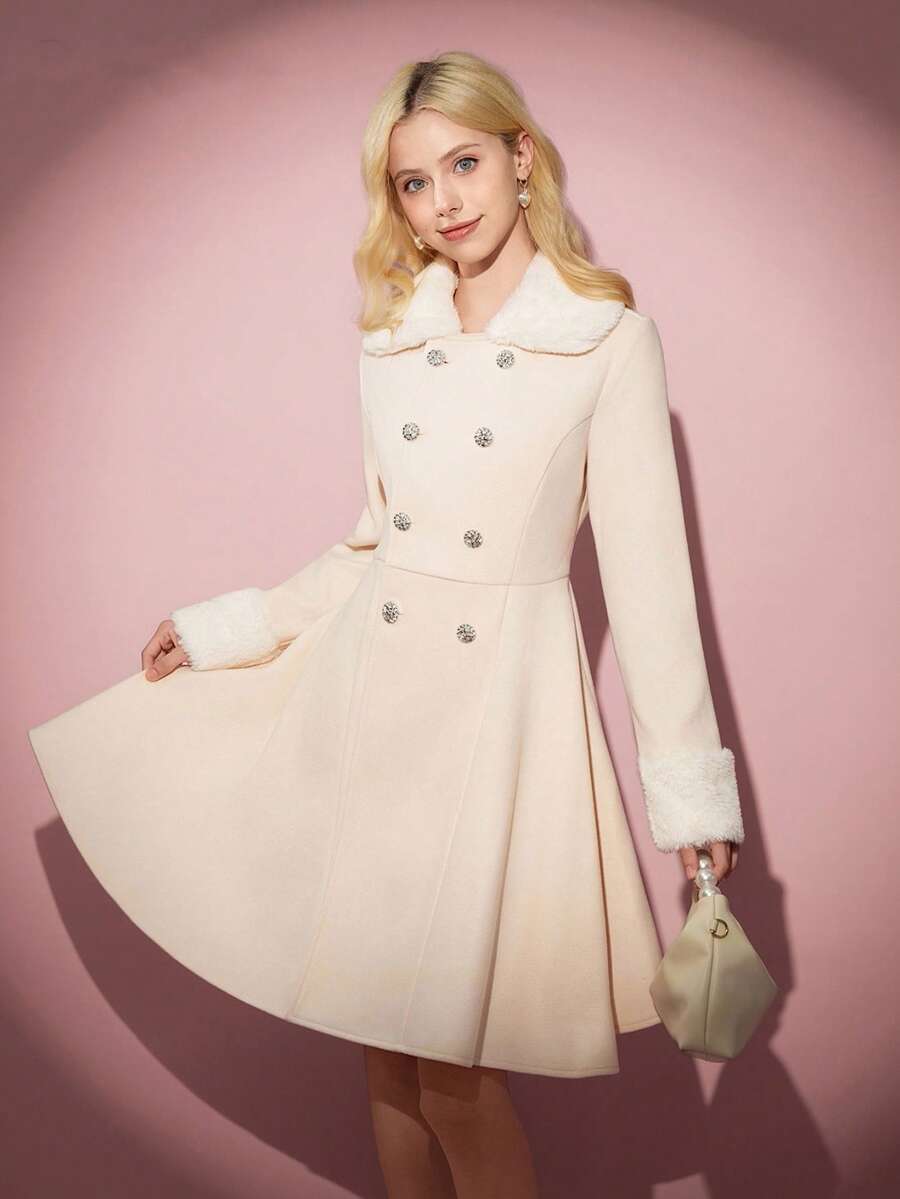 Fall Winter Vintage Teen Girl Apricot Overcoat With White Fur Collar, A-Line Silhouette, Casual & Elegant, Autumn/Winter Girls Winter Coat Faux Fur Coat Girls Beige Coat Teen Teen Coat Girls Coat