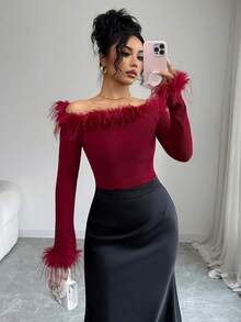 Elenzga Damen elegante Mode Pendler Lässig bequeme charmante Retro minimalistische High-End sanfte Dame Weihnachten Feiertag Party Herbst/Winter Carmen-Ausschnitt Patchwork Fellkragen & Manschetten einfarbiger Strickpullover - Bordeaux - Übersicht 8