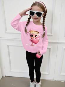 Elladie kids Fall Sets Young Girls Casual Fashion Creative Personalized Fresh Minimalist Cute Kawaii Cup Ballet Girl Heart Shaped Pattern Print Casual Long Sleeve T-Shirt And Leggings Suit, Comfortable Outfit Suitable For Autumn/Winter Young Girls Atmosphere Wear - Multicolor - View 3