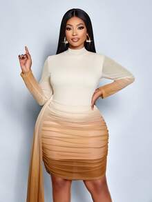 SOLERSUN Plus Size Women's Beige Elegant Curve Cocktail Wedding Guest Autumn Dress,Stand Collar Long Sleeve Gradient Mesh Print Slim Fit Pleated Short Dress - Apricot - View 4