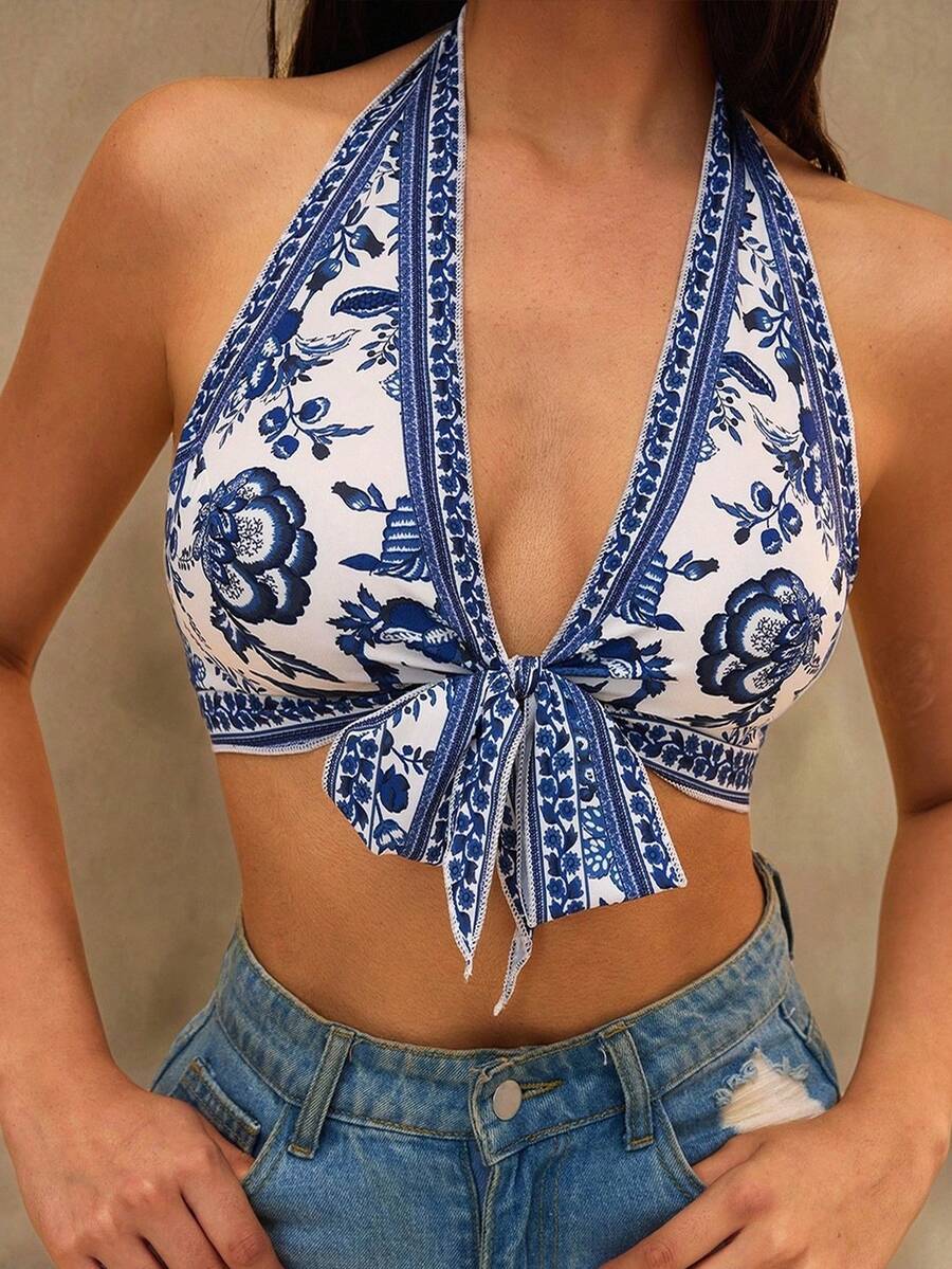 Swim Vcay 春夏新款单件编织彩色花卉图案露背前系带优雅度假风格女士泳衣上衣 - 藍白色 - 查看 1