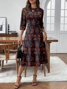 EMERY ROSE Damen Lässig vielseitiges Blumenprint Taillenkeid, Herbst- und Wintermode Kleid, Langes Kleid - Weiss - Übersicht 3