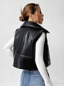 SHEIN EZwear Women Simple Plain Short Leather-Padded Coat , Winter Vest - Black - View 2