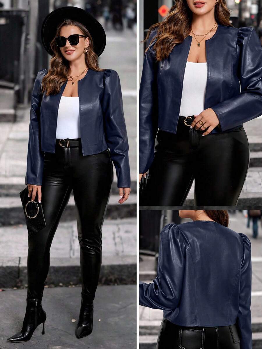 SHEIN Clasi 大码女式优雅短款夹克，长袖修身夹克，秋冬时尚 PU 皮夹克 - 藏蓝色 - 查看 1