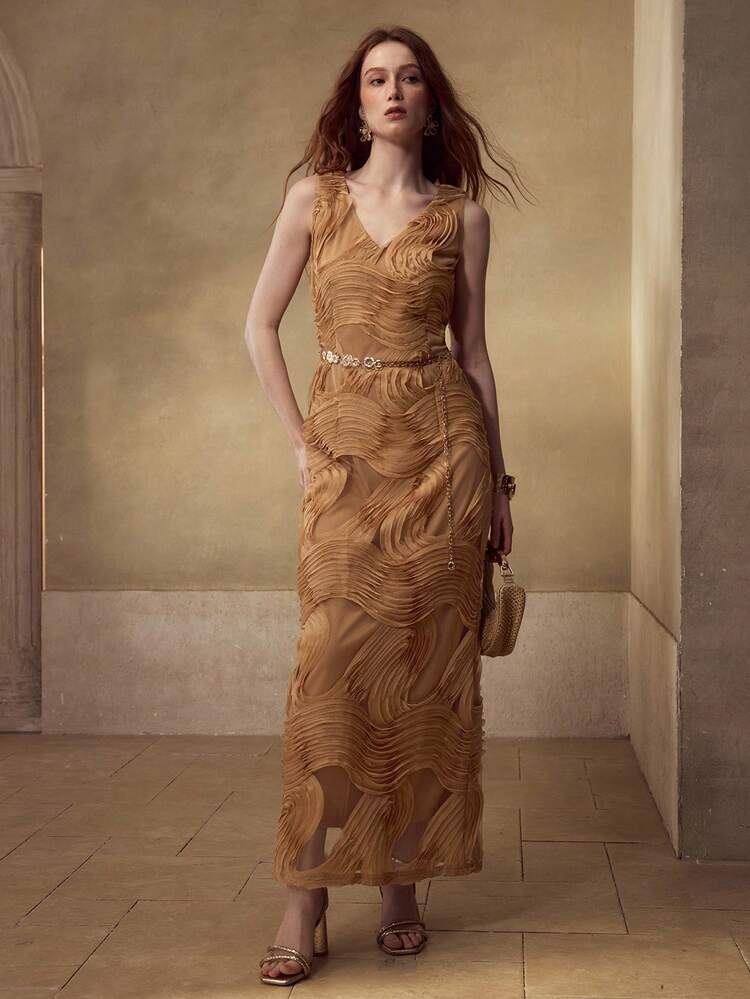 V-NECK EMBROIDERED WAIST FITTED LONG DRESS FOR WOMEN