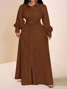Veslaya 秋冬新品，女士秋冬服装，大码连衣裙，女士生日礼服，棕色长裙，锈棕色连衣裙，优雅棕色连衣裙，秋季连衣裙，端庄连衣裙 - 棕色 - 查看 3