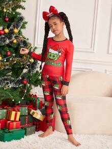 SHEIN CASUAL Tween Girls Christmas Cute Monster Print Pajama Set, Mommy And Me Matching Outfits (2 Sets Sold Separately), Skinny Fit - Red - View 5