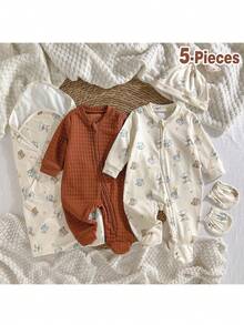 Loomiva 5pcs Newborn Baby Boy/Girl Cute Bear Pattern Comfortable Outfit Set - , Jumpsuit, Hat, Swaddle Blanket, Mittens