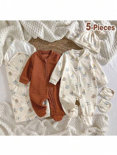 Loomiva 5pcs Newborn Baby Boy/Girl Cute Bear Pattern Comfortable Outfit Set - , Jumpsuit, Hat, Swaddle Blanket, Mittens