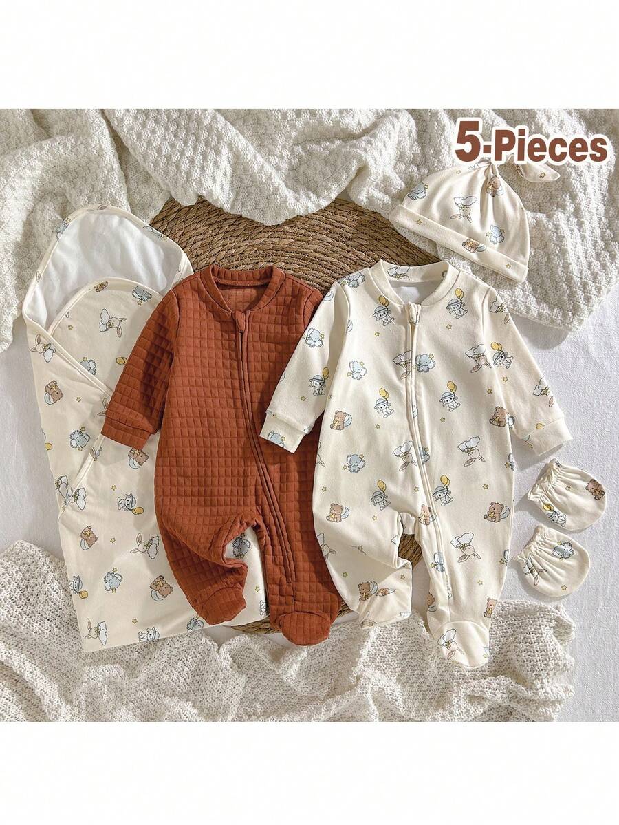 Loomiva 5 件套新生儿男婴/女婴可爱熊图案舒适服装套装 - 连体衣、帽子、襁褓毯、手套 - 彩色 - 查看 1